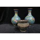 A PAIR OF 19TH CENTURY CLOSSONI VASES each of baluster form together with a bronze jardiniere