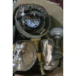 A BOX LOT OF PLATED WARE to include candlesticks vase flatware brass trivet jardiniere etc etc