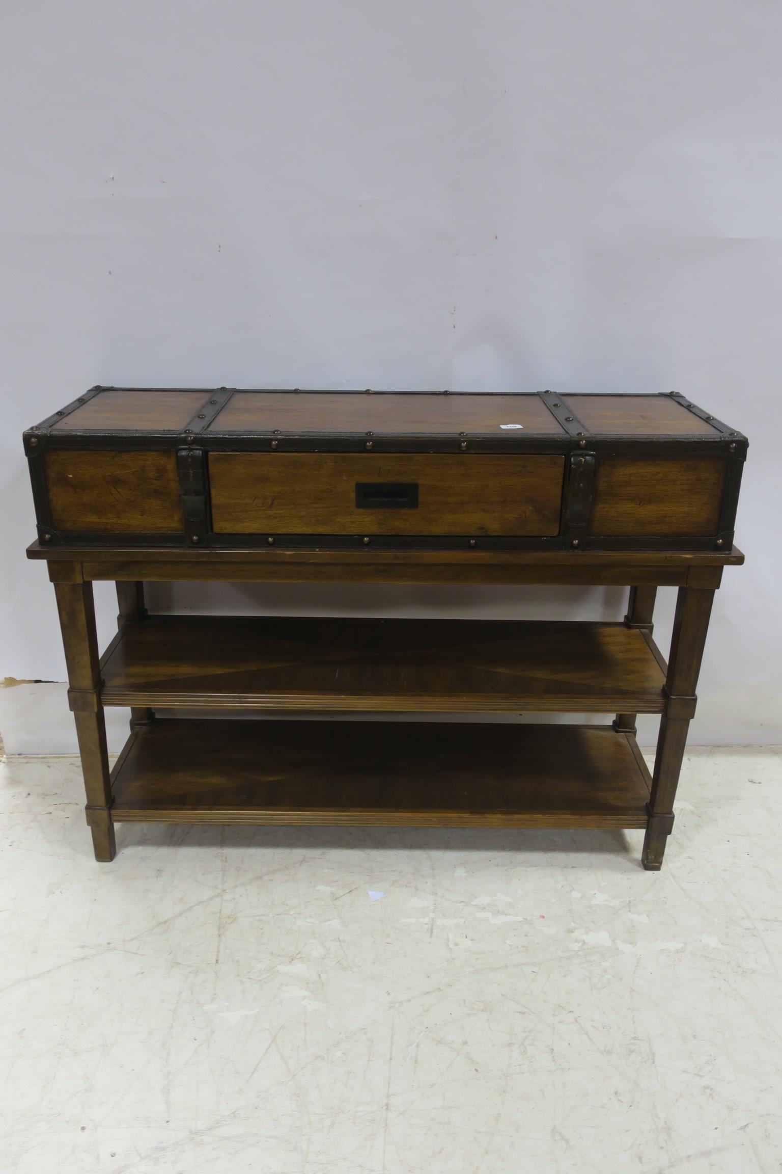 A CHERRYWOOD AND LEATHER BOUND CONSOLE TABLE with frieze drawer above two open shelves on square