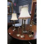 A MISCELLANEOUS COLLECTION to include a brass companion set brass candlesticks and three table