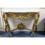 A CONTINENTAL CARVED GILTWOOD AND MARBLE CONSOLE TABLE,