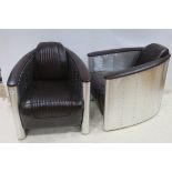 A PAIR OF AVIATION WHITE METAL AND HIDE UPHOLSTERED TUB SHAPED CHAIRS