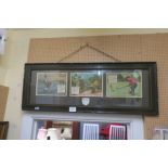 CHARLES CROMBIE GOLFING CARICATURES set of three framed as one advertisement for Perrier sparkling