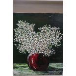 MAGGIE JOHNSTONE STILL LIFE FLOWERS IN A VASE ON A TABLE Signed lower right 30cm x 26cm