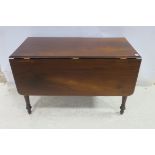 A 19TH CENTURY MAHOGANY DROP LEAF TABLE the rectangular hinged top raised on baluster legs 70cm (h)