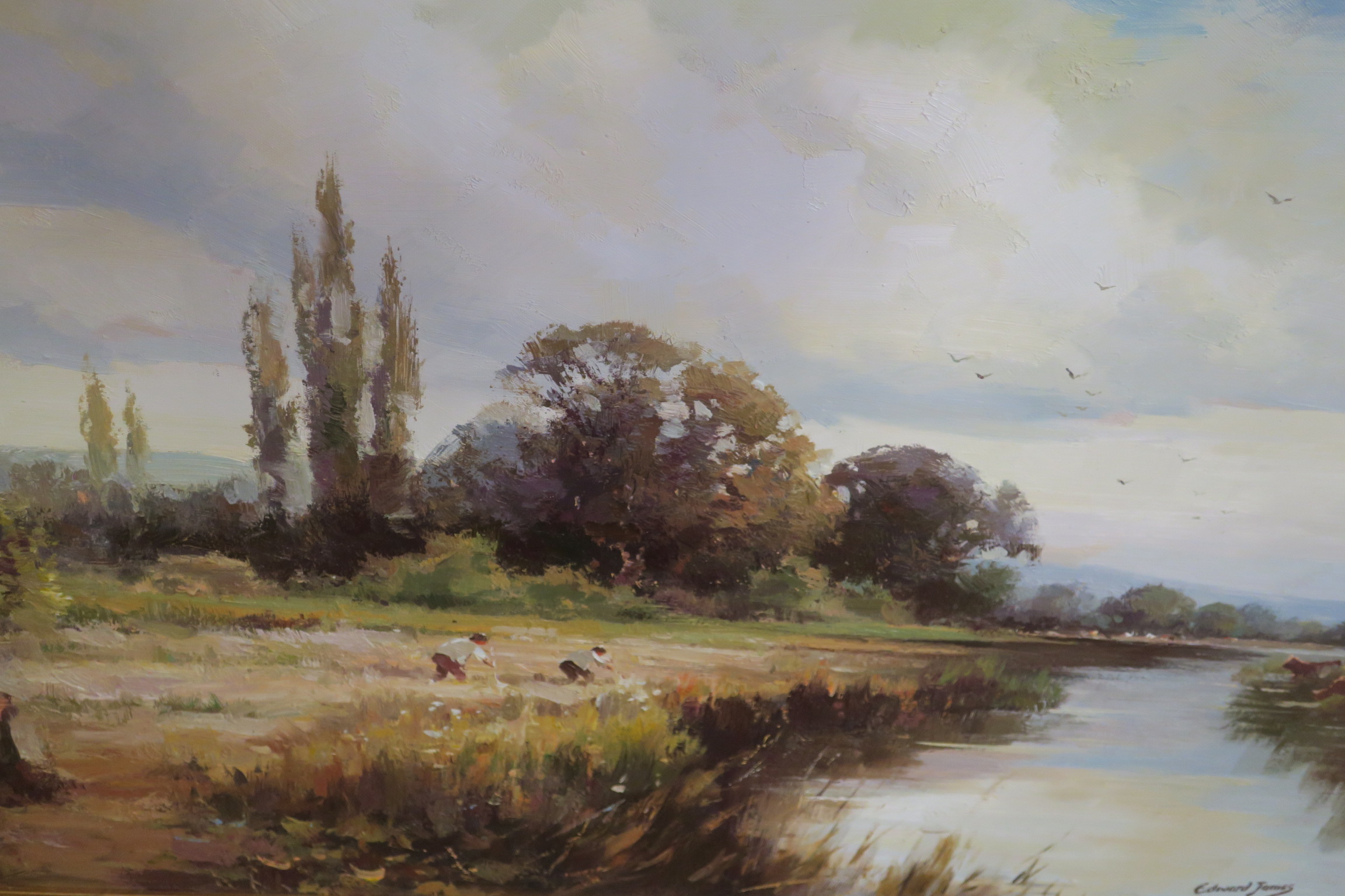 EDWARD JAMES ENGLISH SCHOOL 20TH CENTURY RIVERSCAPE With cattle and figures Oil on canvas Signed