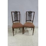 A PAIR OF 19TH CENTURY MAHOGANY AND SATINWOOD INLAID SIDE CHAIRS each with a pierced carved splat