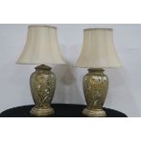 A PAIR OF CONTINENTAL SILVERED AND POLYCHROME TABLE LAMPS decorated with exotic birds foliage and