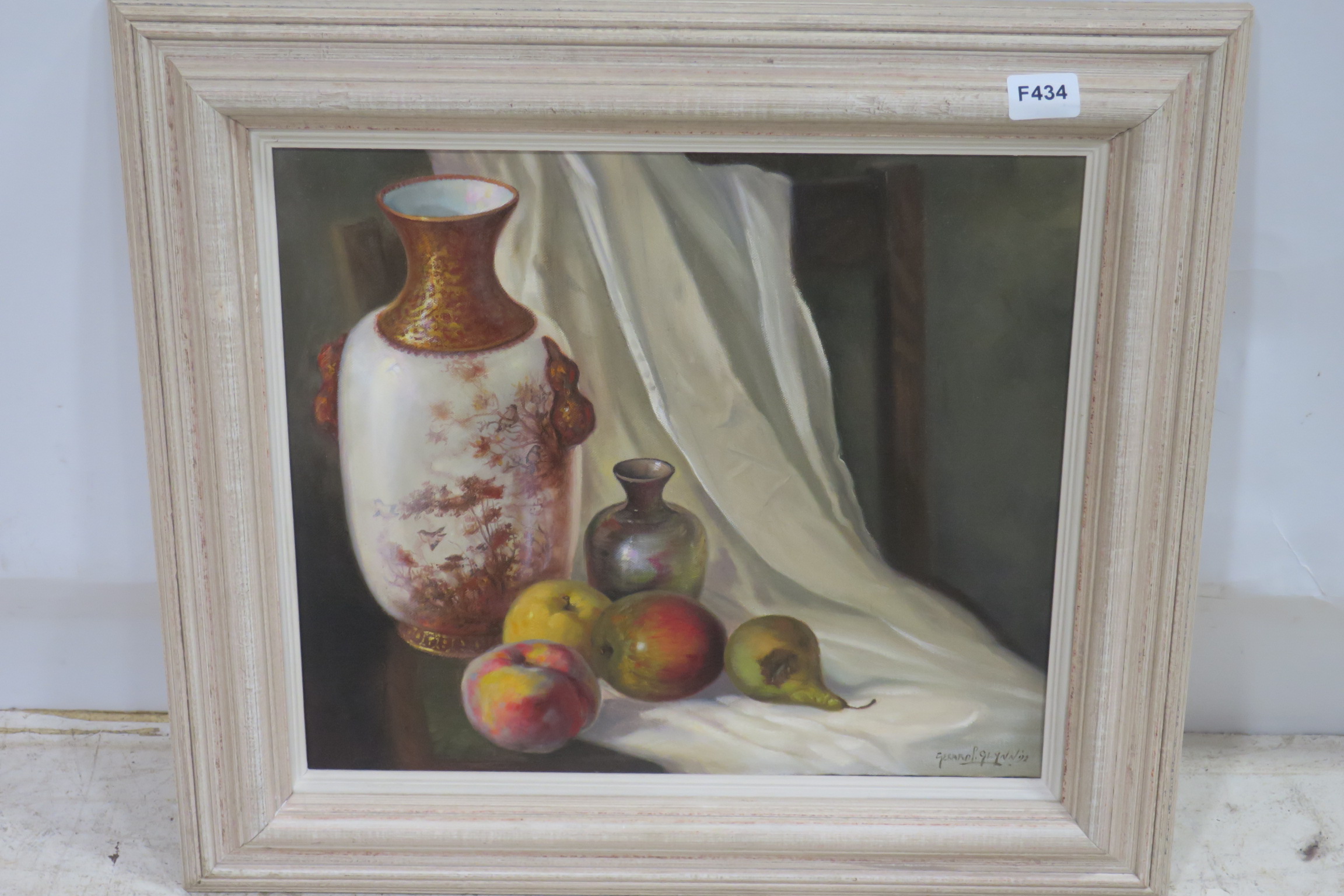 GERARD GLYNN STILL LIFE VASES AND FRUIT ON A TABLE Oil on canvas Signed lower right 40cm x 44cm