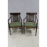A PAIR OF SATINWOOD AND POLYCHROME ELBOW CHAIRS each with a lattice work pierced splat and