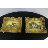 DOGS IN A LANDSCAPE Oil on panel A pair in ornate gilt frames 22cm x 27cm