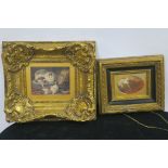 TWO FRAMED OLEOGRAPHS with kittens and dog in gilt frames (2)