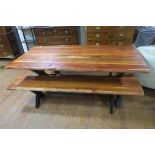 A CHERRYWOOD PLANKED TOP TABLE of rectangular outline on X shaped supports together with a pair of
