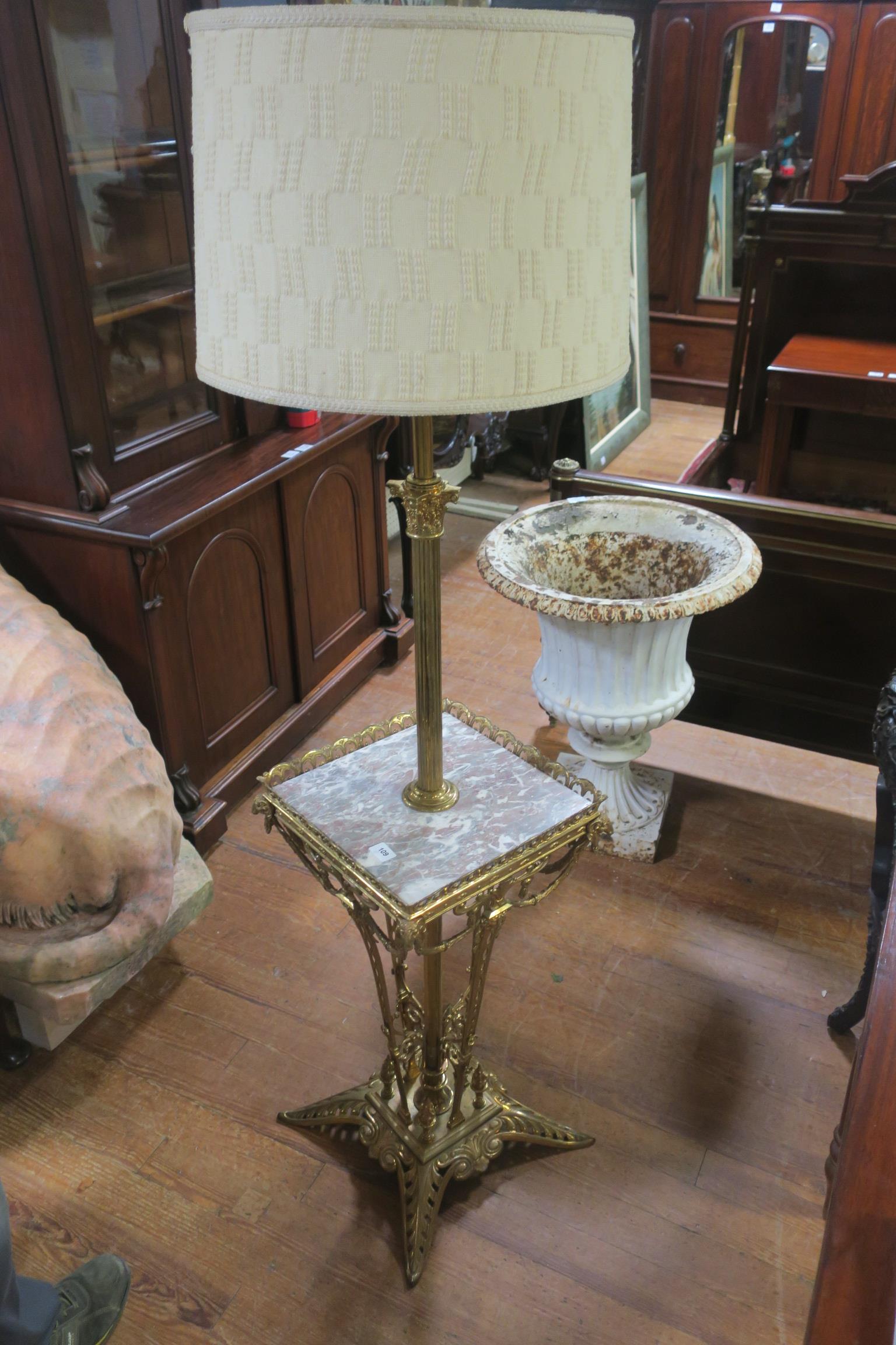 A FINE 19th CENTURY BRASS AND MARBLE STANDARD LAMP the reeded column with Corinthian capital above