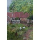 MAEVE TAYLOR FARMYARD WITH CHICKENS AND COCKERELS Oil on canvas Signed lower right 31cm x 24cm