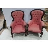 A PAIR OF VICTORIAN DESIGN MAHOGANY AND UPHOLSTERED ARMCHAIRS each with a curved top rail