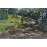 MAEVE TAYLOR RIVERSCAPE WITH FISHERMAN AND FIGURE SEATED ON A BANK Oil on board Signed lower