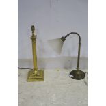 A BRASS COLUMN TABLE LAMP together with an oxidised table lamp with frosted glass shade (2)
