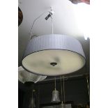 A DESIGNER WHITE METAL AND UPHOLSTERED CENTRE LIGHT with opaline glass panel