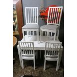 A SEVEN PIECE WHITE PAINTED BREAKFAST SUITE comprising six chairs each with an upholstered seat