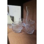 FIVE PIECES OF WATERFORD GLASS to include a lidded honey jar cream jug sugar bowl bud vase etc (5)