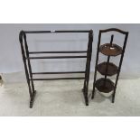 A ROSEWOOD THREE TIER FOLDING CAKE STAND together with a 19th Century mahogany five bar towel rail