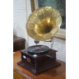 A SOUND MASTER GRAMOPHONE with brass embossed horn and stained wood turntable