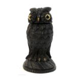 Victorian Irish bog oak novelty inkstand in the form of an owl, head lifts to reveal inkwell,