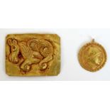 Circa 200 AD, Bactrian gold plaque repousse decorated with a stylised horse. 2.6g, 1¾" x 1¼" (4.