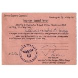 1945 (May 14) German Supreme Command, Temporary Special Permit issued to Dr Fritz Cropp,