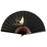 Late 19th century black lace and painted fan, signed E.