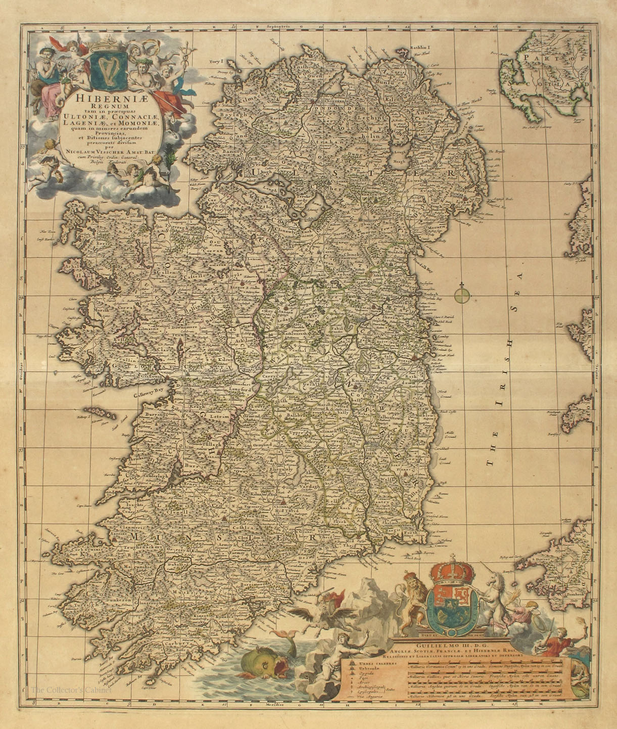 1690s Map of Ireland by Nicolas Visscher, a hand-coloured, engraved map of Ireland,