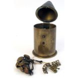 1914-1918 Trench-art candle holder, the base of an artillery shell case with hinged lid,
