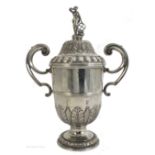 1930s silver trophy cup, the two-handled, lidded trophy cup decorated with acanthus,