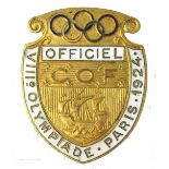 Paris Olympics, 1924, official's badge, gilt metal and enamel shield-shaped badge,