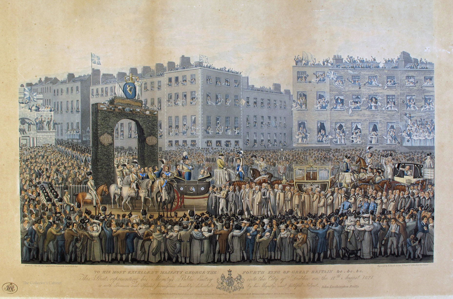 1821 Public Entry Into the City of Dublin of George IV. Hand coloured aquatint engraving by R.