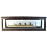 Scratch built wood model of the RMS Queen Mary in glazed case,