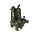 Chinese cloisonne incense burner, in the form of a bull carrying a peacock,