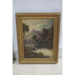 A COLLECTION OF FOUR 19TH CENTURY AND LATER OIL PAINTINGS comprising a pair of mountain lake scenes