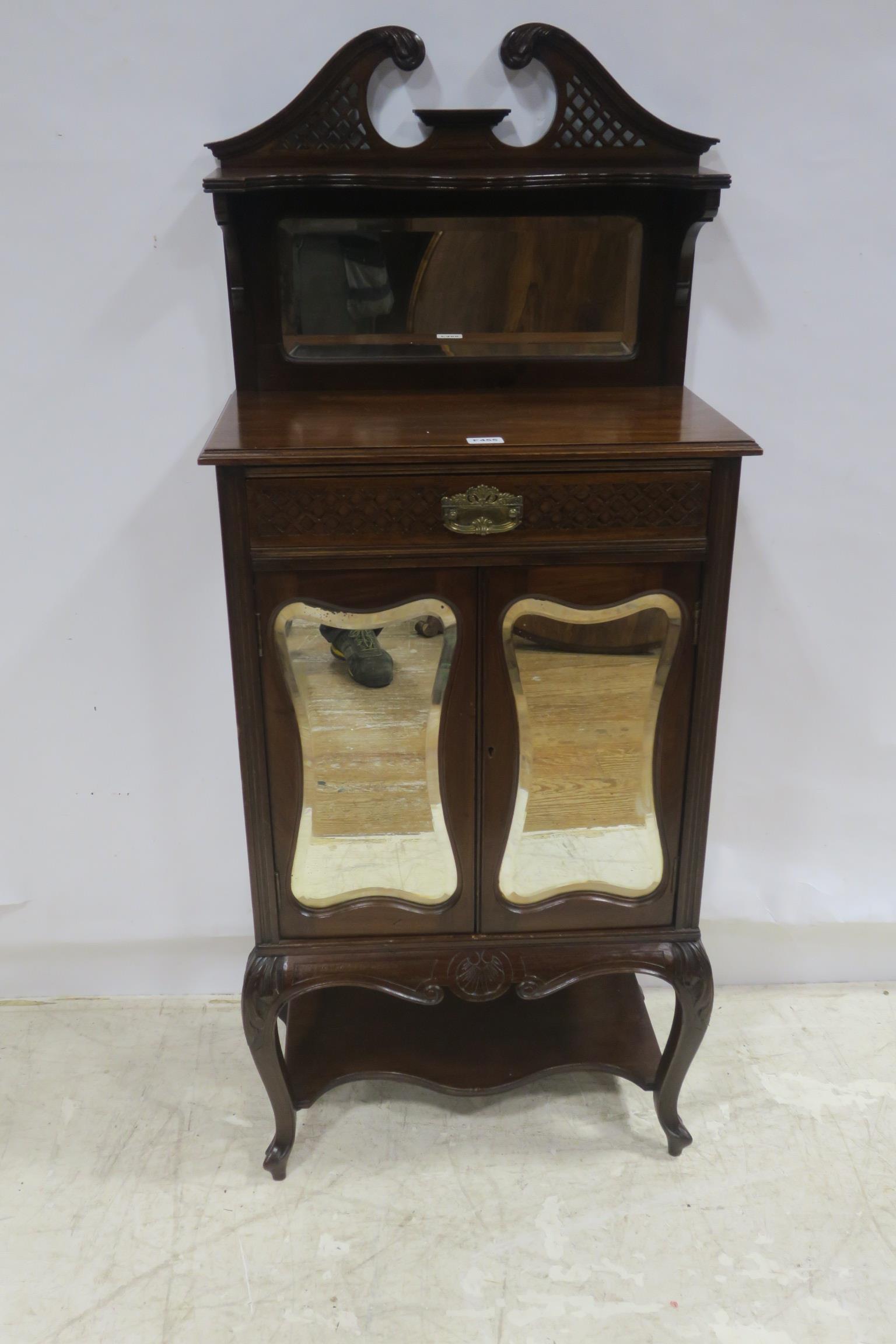 A 19TH CENTURY MAHOGANY SIDE CABINET the superstructure with bevelled glass mirror a moulded shelf