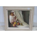 GERARD GLYNN STILL LIFE VASES AND FRUIT ON A TABLE Oil on canvas Signed lower right 40cm x 44cm