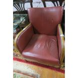 A PAIR OF RETRO HIDE UPHOLSTERED AND BEECH FRAME ARM CHAIRS rectangular back and seat with scroll