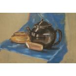 MARY GILLESPIE STILL LIFE Cup and Saucer and Teapot on a table Coloured Pastel Signed lower