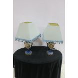 A PAIR OF BLUE AND GILT CHINA TABLE LAMPS each of baluster form with shades 58cm (h)