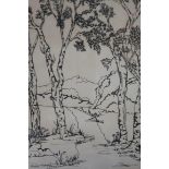 HARRIE MCMANUS MOUNTAIN AND WOODLANDS SCENE An ink drawing Signed lower left 35cm x 25cm