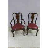 A QUEEN ANNE DESIGN MAHOGANY AND WALNUT ELBOW CHAIR together with a side chair each with a solid