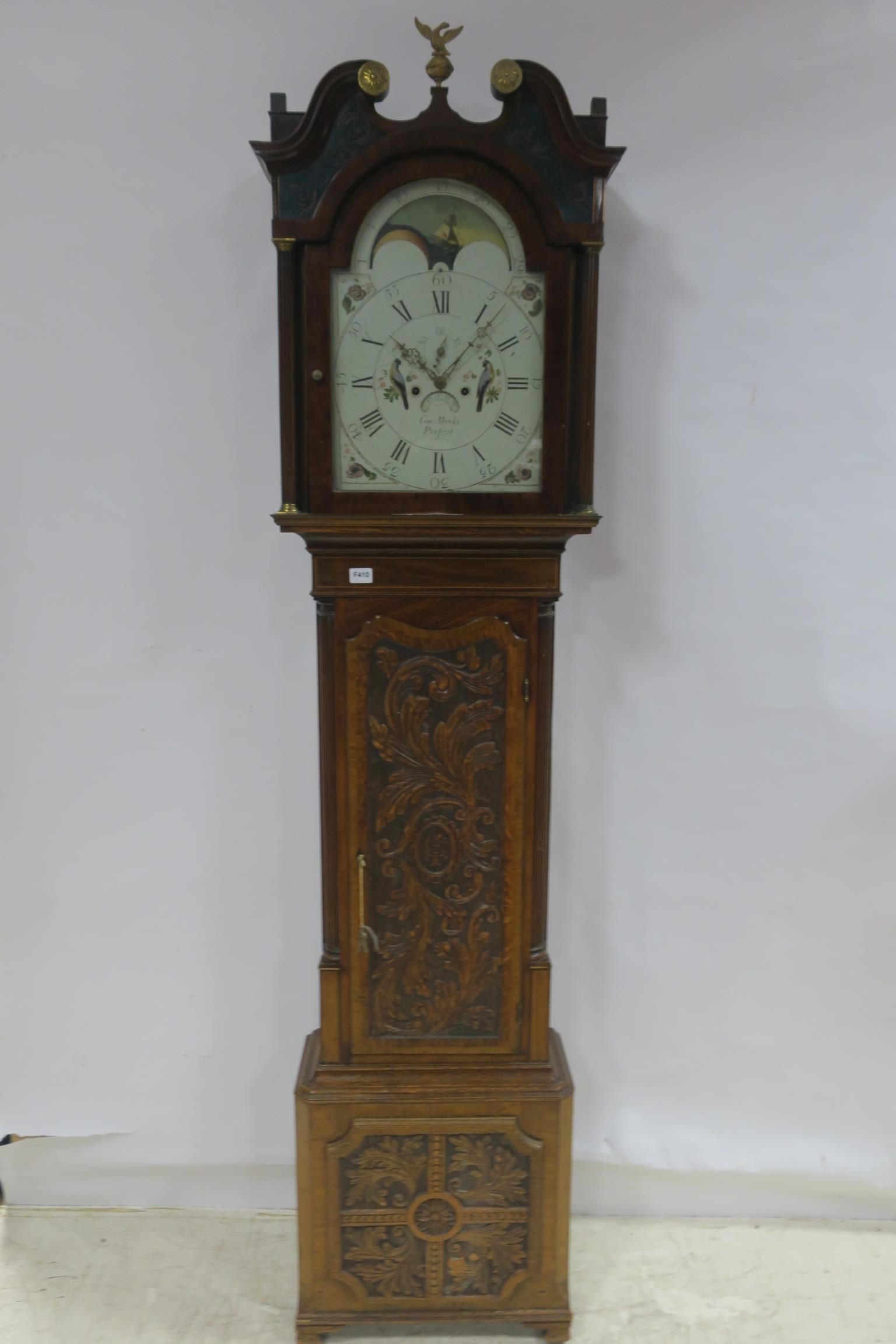 A FINE 19TH CENTURY MAHOGANY CARVED OAK AND SATINWOOD INLAID LONG CASE CLOCK the swan neck hood
