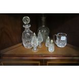 A WATERFORD CUT GLASS DECANTER together with Waterford cut glass salt and pepper and engraved glass