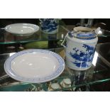 A CHINESE BLUE AND WHITE TEAPOT (AF) together with a blue and white dish (2)
