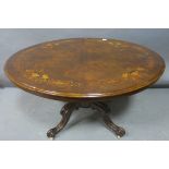 A FINE 19TH CENTURY WALNUT AND MARQUETRY POD TABLE the oval top inlaid with birds foliage and
